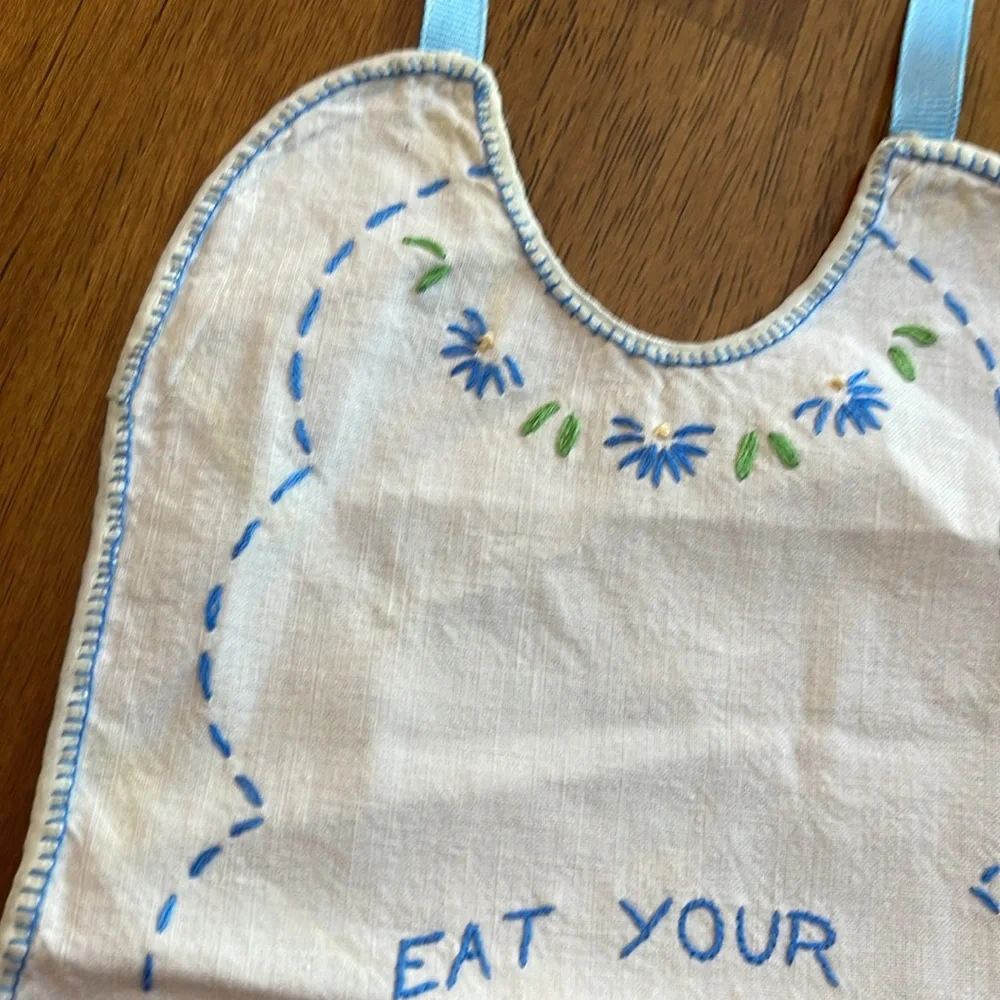 Embroidered Baby Bib Blue and White Child eat your fruit Vintage Handmade